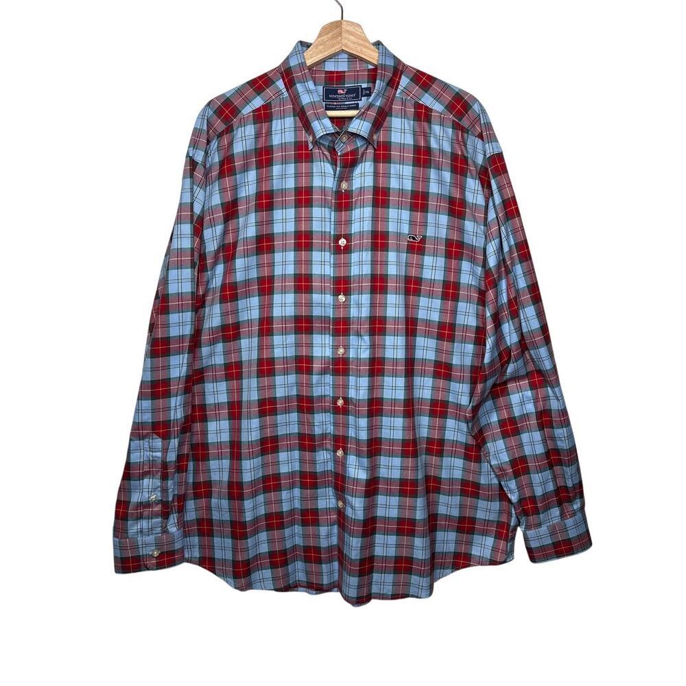 Vineyard Vines Classic Fit Whale Shirt Plaid Button Down XXL Cotton Red Blue